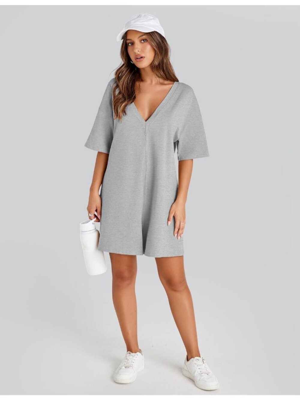 Women's Light Grey Casual Oversized Athletic Overall Workout Hot Shot Tee Romper - Picture 4 of 6